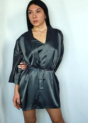 Халат жіночий атласний графіт під пояс, довжина 90 см xl/2xl