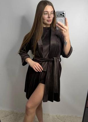 Халат женский плюш велюр под пояс мокко xl