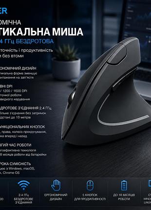 Эргономичная вертикальная мышь anker 2.4 ггц — беспроводная, 5 кнопок, 800/1200/1600 dpi для пк и ноутбука
