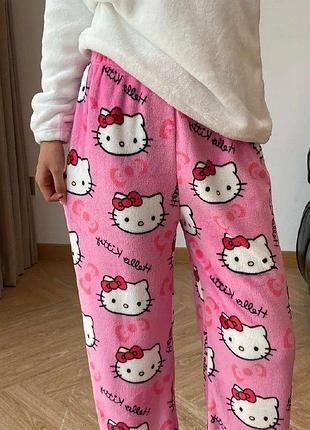 Штани піжамні плюшеві hello kitty рожевого кольору, теплі домашні штани хеллоу кітті, l-xl