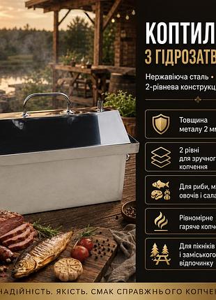 Коптильня гарячого копчення з нержавіючої сталі 2 мм з гідрозатвором 50х30х33 см