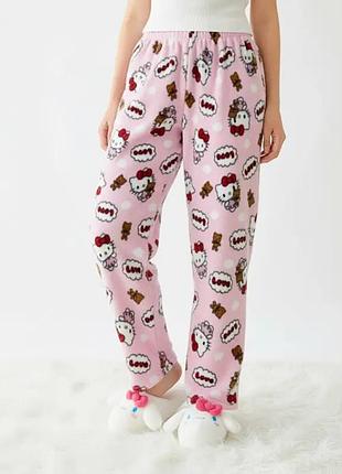 Штаны пижамные плюшевые hello kitty розового цвета, теплые домашние штаны хэллоу китти, s-m