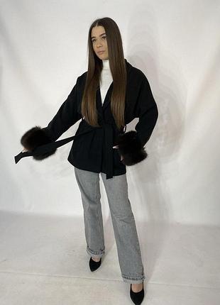 Стильное женское пальто с мехом голубой, 3xl-4xl