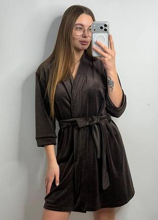 Халат жіночий плюш велюр під пояс мокко m
