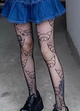 Колготки черные в сетку с принтом kuromi hello kitty, колготки с принтом куроми хелоу китти, one size