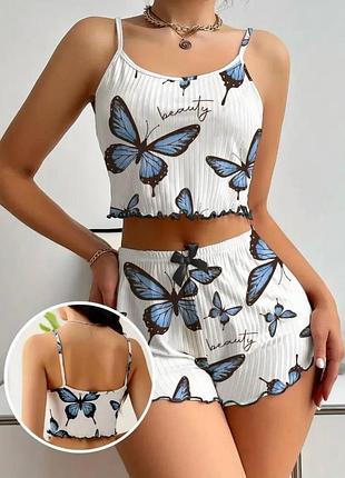Жіноча піжама в рубчик біла з малюнком butterflies - комплект для сну майка і шорти, літня бавовняна піжама з метеликами m
