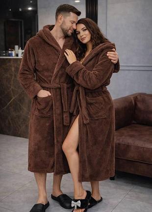 Женский махровый халат с капюшоном, длинный, цвет коричневый m/l, xl/xxl xxl