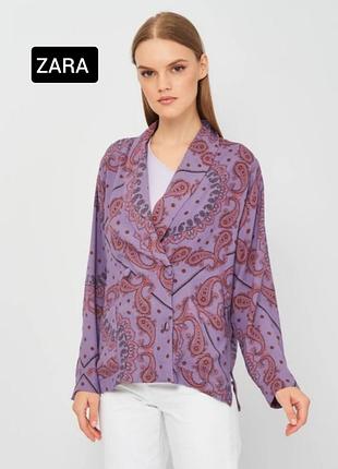 Пиджак женский удлиненный фиолетового цвета в принт оверсайз от бренда zara m