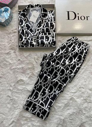 Жіноча чорна піжама dior - шовковий комплект для сну та будинку, сорочка та штани діор
