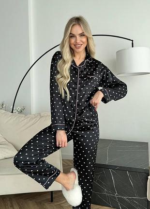 Пижама женская шелковая черная рубашка и штаны в сердечках black heart xl