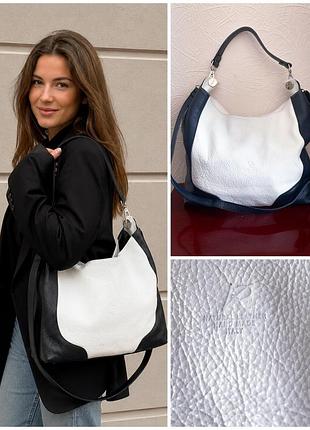 Кожаная сумка хобо kr natural leather white/black colour block italy
