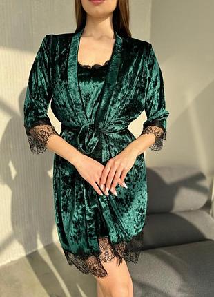 Домашний комплект emerald зелёный — бархатный велюровый халат и рубашка женский комплект для дома l/xl