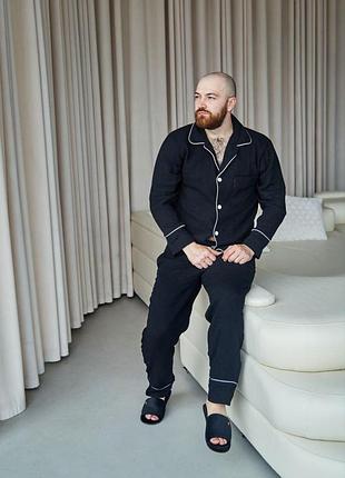Мужская муслиновая пижама черная men's pajamas — комплект рубашка и штаны для сна и дома l