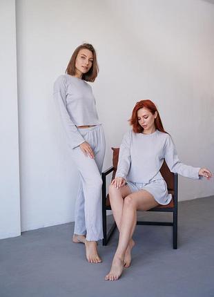 Піжама в рубчик жіночий комплект 3 в 1 сірий (штани, кофта, шорти) scar l/xl