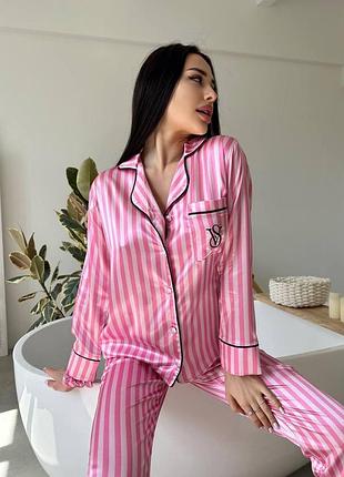 Пижама женская розовая в полоску рубашка и штаны victoria's secret (виктория сикрет) l