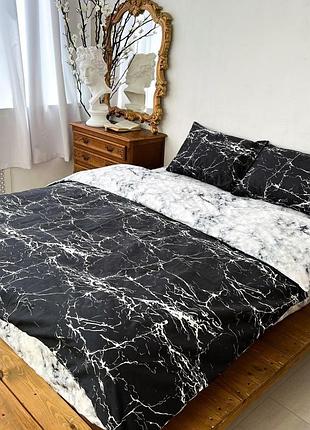 Постільна білизна полікотон чорна з мармуровим принтом marble — комплект (напівторний, двоспальний, євро, сімейний) євро