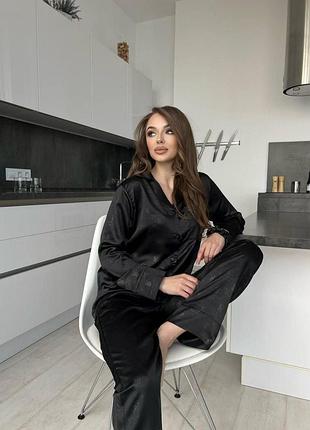 Пижама женская чёрная victoria's secret satin — сатиновый комплект рубашка и брюки для сна xl