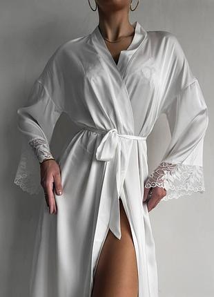 Халат жіночий білий шовковий довгий з мереживом elegant - розкішний халат для сну та ранку m