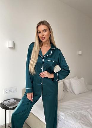 Пижама женская сатиновая смарагдовая рубашка и брюки silk night — шелковая пижама для сна и дома m