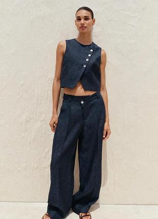 Штани з льону із завищеною талією zara - s, m, l