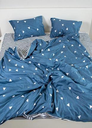 Постельное белье "моряк" синее с геометрическим принтом — комплект полликотон (полуторный, двуспальный, евро, семейный) семейный