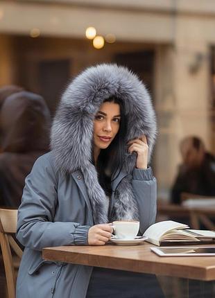 Парка женская с мехом чернобурки серый р60 75см
