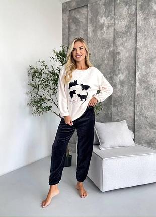 Піжама жіноча махрова зимова mary power cat - тепла кофта та штани для сну та будинку l