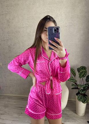 Пижама женская розовая шелковая victoria's secret satin short pj set (виктория сикрет)