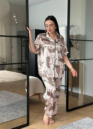 Пижама женская сатиновая с леопардовым принтом plus size 2xl–5xl, рубашка и штаны, шелковая домашняя пижама 5xl