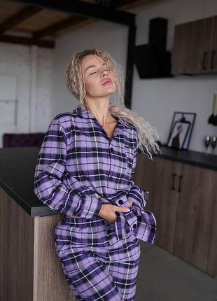 Пижама женская в клетку фиолетовая baika — теплая байковая пижама, рубашка и штаны для дома и сна xxl