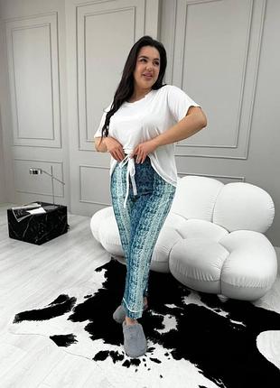 Женская пижама plus size white&blue — футболка и брюки, размеры xl–4xl 2xl