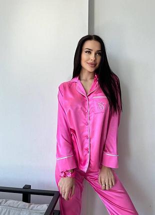 Піжама жіноча рожева victoria's secret (вікторія сикрет) — сорочка та штани, шовковий комплект