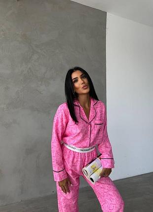 Піжама жіноча рожева сорочка та штани з принтом, домашній костюм victoria's secret m