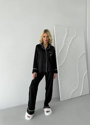 Пижама женская черная victoria’s secret шелковая — комплект для сна рубашка и штаны, сатиновая пижама премиум качества xl