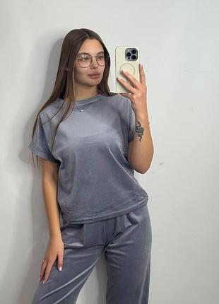 Пижама-комплект (футболка+шорти+штаны) из плюшевого велюра серый m