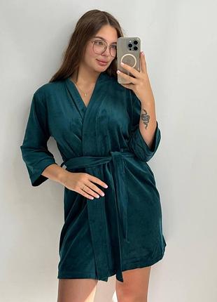 Халат жіночий плюш велюр під пояс смарагд xl