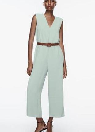 Мятный комбинезон -кюлоты zara с контрасным коричневым пояском l
