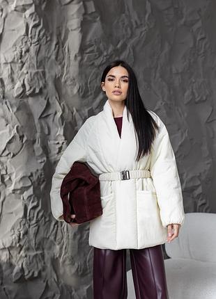 Демисезонная женская куртка молочного цвета с поясом, oversize, утепленная 42-44