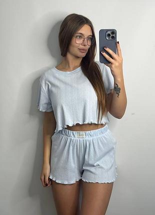 Женский трикотажный комплект для дома голубой xs-s