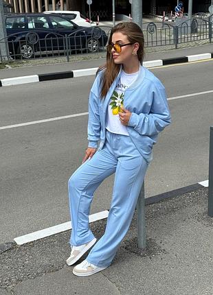 Жіночий трикотажний костюм оверсайз з широкими штанами блакитний, 3xl-4xl