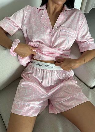 Піжама жіноча рожева victoria's secret (вікторія сікрет) шовкова комплект сорочка та шорти l