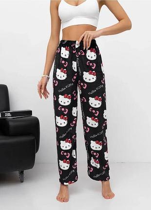 Штаны плюшевые пижамные черного цвета hello kitty , теплые домашние штаны хэллоу китти, m-l