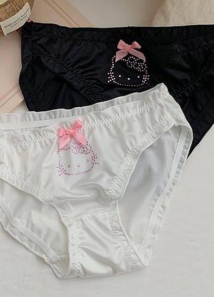 Набор женских трусиков слипов хэллоу китти hello kitty, белье хелоу кити с розовыми стразами и бантиком (2 шт в наборе), xs/s