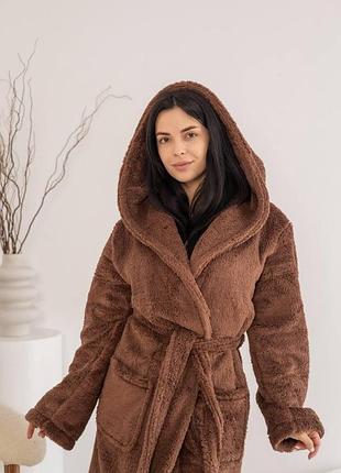 Халат женский домашний коричневый мягкий тёплый с капюшоном теди l/xl