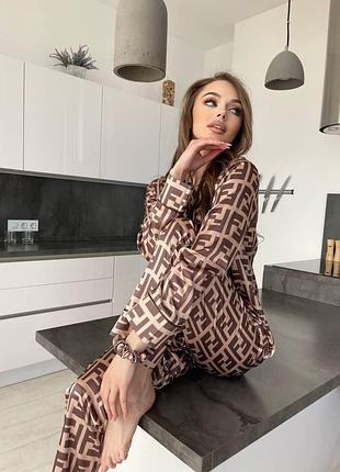 Женская пижама fendi – шелковый комплект рубашки и брюки, комфортная домашняя пижама премиум качества, производство турция
