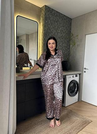 Пижама женская сатиновая леопардовая plus size 2xl–5xl, рубашка с коротким рукавом и штаны, шелковая домашняя пижама 5xl