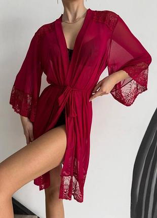 Жіночий халат бордовий короткий з мереживом passion — елегантний для дому m