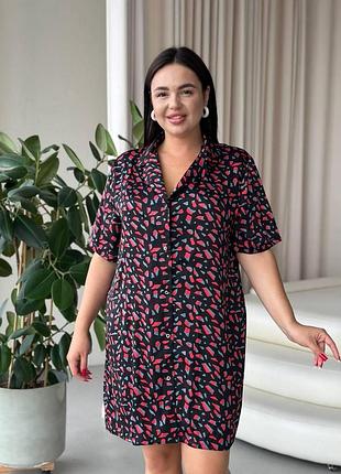Женская шелковая рубашка для сна черная plus size — ночная сорочка большие размеры 5xl