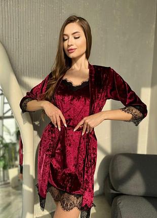Домашний комплект рубашка и халат бархатный велюр бордовый emerald l/xl