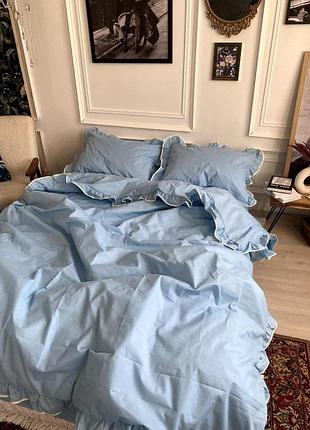 Постельное белье голубое с рюшами и кантом бязь комплект (полуторный, двуспальный, евро, семейный) евро